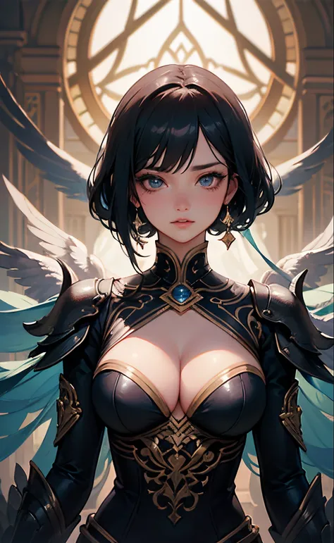 8k ((torso view)),  of beautiful cyborg with black hair, intricate, Egyptian elegant, highly detailed, Egyptian majestic, gigantic breasts, septum piercing, digital photography, ((puffy lips)), ((cleavage)), ((mature face)), art by artgerm and ruan jia and...