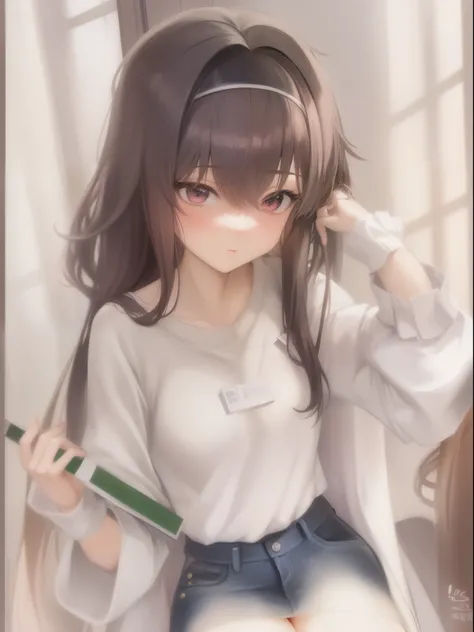 anime girl with long hair and a white shirt holding a book, cute anime girl, anime moe artstyle, anime girl, pretty anime girl, ...