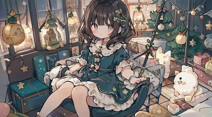 ​masterpiece, top-quality, 1girl in, The upper part of the body, sitting on, shorth hair, , A dark-haired,、Princess-like pastel colored dress, ruffles from above、Christmas atmosphere、Christmas tree、kirakira