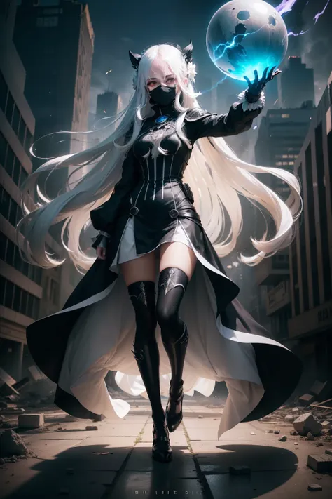 Girl, white long hair, black dress, white and black mask, full body, casting blue light sphere spell with hands, middle of destroyed City