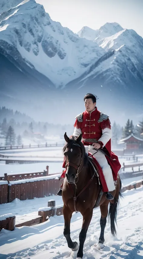 Chinese classical style，vast mountains、Snow cover、Heavy snow  falling from the sky，Costumed swordsman，Leave a lonely back，Walking alone with a herd of sorrel horses