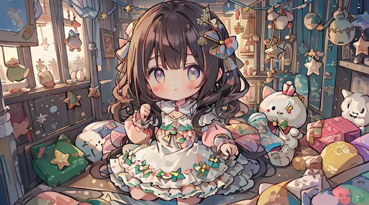 ​masterpiece, top-quality, 1girl in, The upper part of the body, sitting on, shorth hair, , A dark-haired,、Princess-like pastel colored dress, colourfull、ruffles from above、Christmas atmosphere、Christmas tree、kirakira