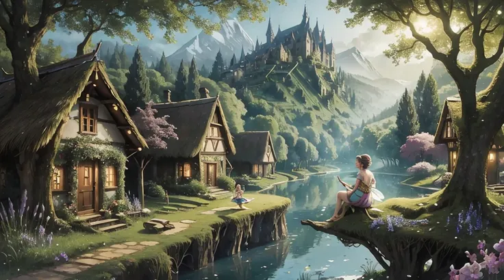 (masterpiece, best quality), (1 woman, a fairy sitting on a tree branch, looking at her village), background  a scenery of a mystical fairy village, magical forest, lush vegetations, unicorns , pegasus, shot from far away, busy village, (a lot of flying fa...