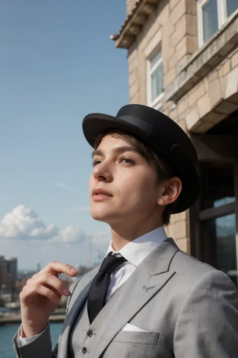 ten year boy, Watercolor painting, Silver Eyes, silver-haired, Wear a suit., holding a top hat, The last picture is the sky., Magic