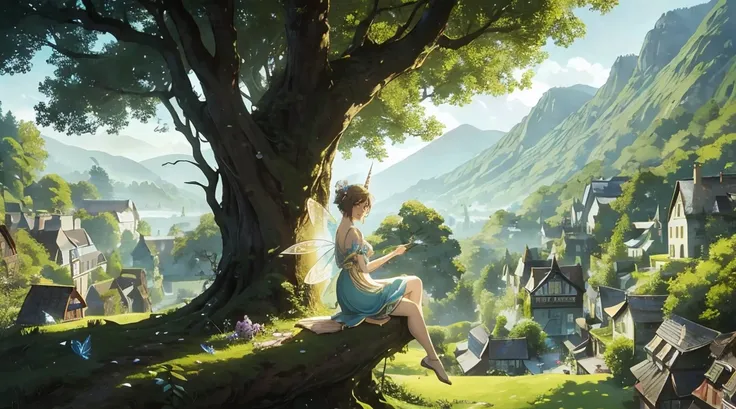 (masterpiece, best quality), (1 woman, a fairy sitting on a tree branch, looking at her village), background  a scenery of a mystical fairy village, magical forest, lush vegetations, unicorns , pegasus, shot from far away, busy village, (a lot of flying fa...