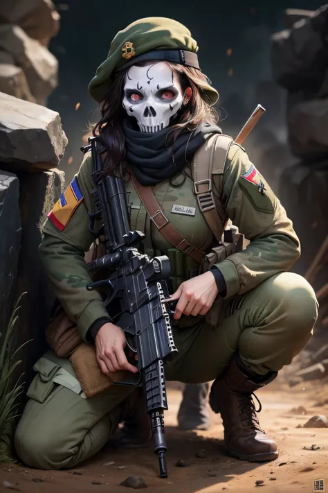 Caveira com uniforme de soldado apontando atirando com rifle