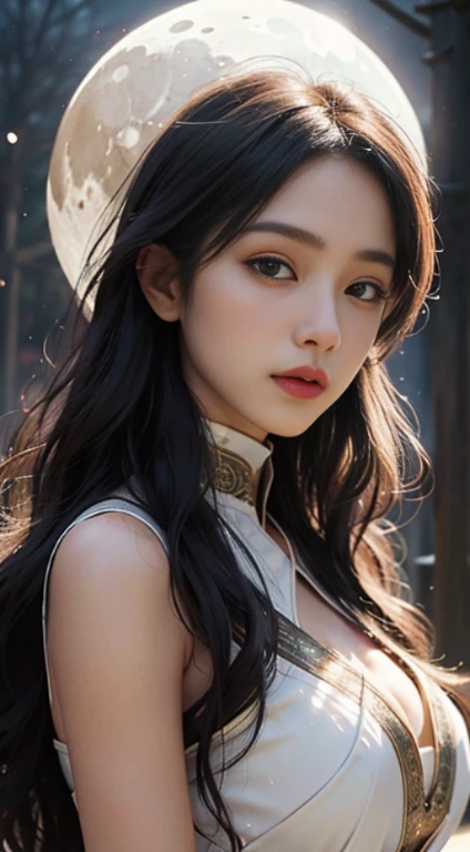 realisticlying，of a real，mysterious young woman，Glowing sphere，emitting a soft glow, An ethereal glow on her perfect features. silent setting, The moonlit forest and her costume、A brilliant fusion of traditional Asian culture and futuristic fantasy.。. Expr...