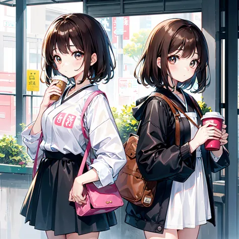 there is a young girl holding a cup of coffee in her hand, girl cute-fine-face, cute natural anime face, with cute - fine - face, sakimi chan, chiho, 奈良美智, young cute face, beautiful japanese girls face, brown hair and large eyes, cute kawaii girl, beautif...