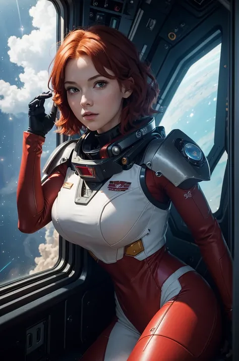 Absurd resolution, high resolution, (masterpiece: 1.4), hyper-detail, 1 young woman, short red hair, pilot suit, rich princess, sitting in an extremely narrow and closed mecha control room looking out the window, the window is the space universe can see th...