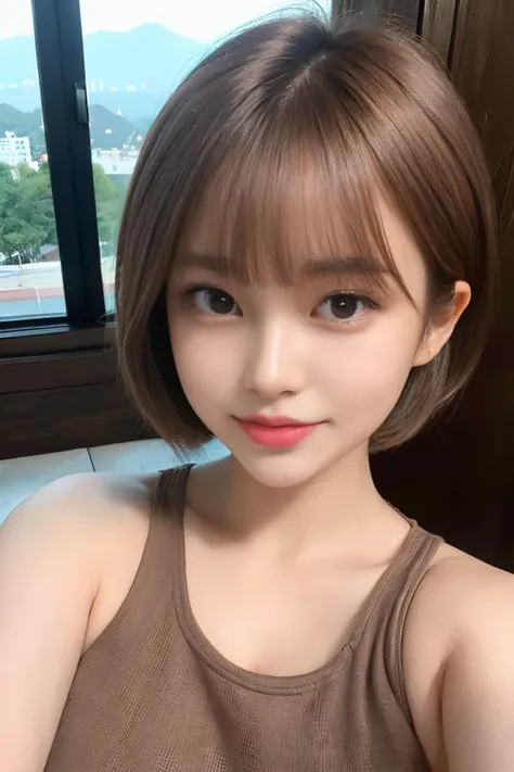 ((of the highest quality, 8K, masutepiece:1.3)), detailed woman:1.3, ( Brown Short Bob Cut Hair:1.4), (Natural bangs:1.2), Beautiful small breasts:1.2), Tight knit:1.1, ultra-detailliert, Detailed, Eye Cover