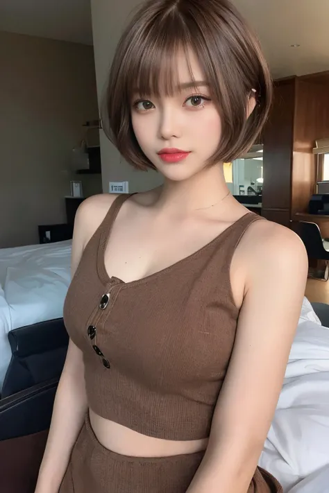 ((of the highest quality, 8K, masutepiece:1.3)), detailed woman:1.3, ( Brown Short Bob Cut Hair:1.4), (Natural bangs:1.2), Beautiful small breasts:1.2), Tight knit:1.1, ultra-detailliert, Detailed, Eye Cover