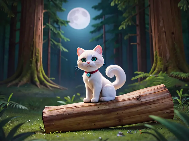 A stary night with full moon in a dense forest filled with light fog and mist and in the middle of the forest there is a log cut in half and a beautiful white kitten is sitting on the log and staring at the moon