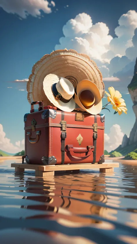 There  a suitcase，There  a straw hat on it, The clouds are tilted, atmosphere, leafs, Clouds floating in the sky,  （Model aircraft: 1.2), 2.5D illustration, 3 Rendering, 3D modeling, Behans 3D Art Trends, Behans 3D Art Trends, 3d illustrations, 3d illustra...