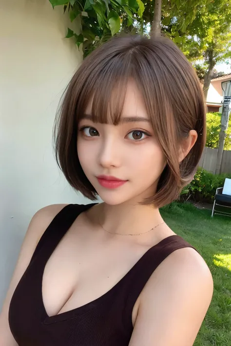 ((of the highest quality, 8K, masutepiece:1.3)), detailed woman:1.3, ( Brown Short Bob Cut Hair:1.4), (Natural bangs:1.2), Beautiful small breasts:1.2), Tight knit:1.1, ultra-detailliert, Detailed, Eye Cover