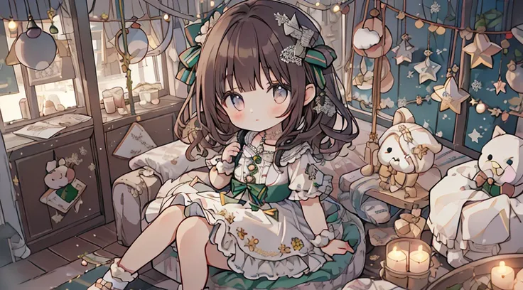 ​masterpiece, top-quality, 1girl in, The upper part of the body, sitting on, shorth hair, , A dark-haired,、Princess-like pastel colored dress, ruffles from above、Christmas atmosphere、Christmas tree、kirakira