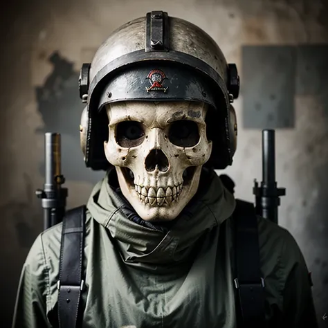 Skull with war helmet with several machine gun cartridges