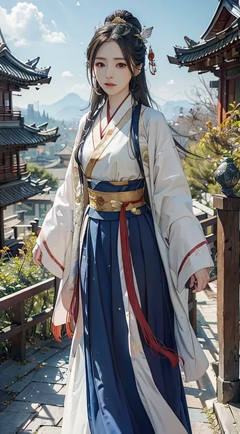 Black hair, Brown eyes, shairband, ribbons, Gold beaded butterfly hairpin，With the clouds，Red Belt, Blue Hanfu,, Horse face skirt，Tuan fan, Fan in hand, BREAK outdoors, a temple background, China-style，BREAK looking at viewer, BREAK BREAK BREAK (tmasterpie...