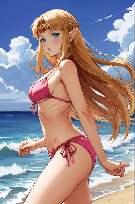 zelda-albw, 1girl, solo, beach background, looking at viewer, from side, blush, :o, pink bikini, tiara, cowboy shot, sun