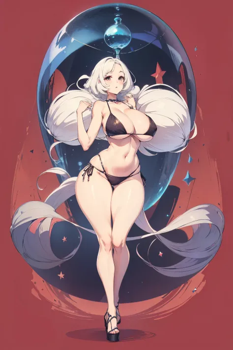 SFW, (short white hair), ((big breasts)), thin waist, (bikini), long legs, huge breasts, humongous breasts, gigantic breasts, tall girl, curvy, hourglass figure, thin frame, slim frame, thin legs, skinny legs, small thighs, small hips