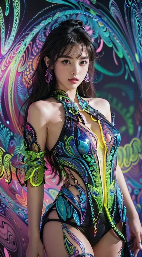 (masterpiece, top quality, best quality, official art, beautiful and aesthetic:1.2), (1girl:1.3), extremely detailed,(fractal art:1.2),colorful,highest detailed,( zentangle neon:1.2), (dynamic pose), (abstract background neon:1.5), (treditional dress:1.2),...