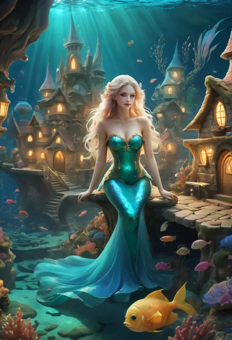 Fairy Tale Village，ocean floor，Beautiful mermaid princess