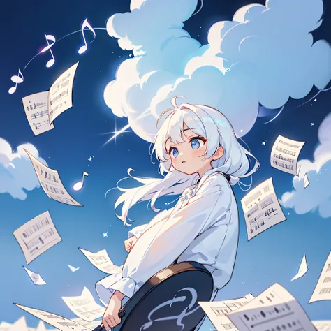 wallpaper,dynamic angle,dynamic lighting,depth of field, cinematic lighting, sparkle, glowing light, 8k, 1girl, kawaii, white hair, flowy hair, white glowing crystal eyes, silky white clothes, on a cloud, papers of music sheets, ((floating papers of music ...