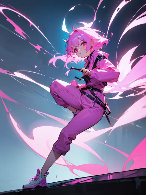 1 female、独奏、Pink hair、Looking at the camera、full body Esbian、On top of a sweatshirt、Bontang、Night town、Neon tones throughout、Cool pose、Parkour