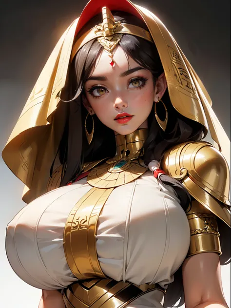 ((Upper body view:1.4)), ((masterpiece)),(((best quality))), ((egyptian empress, mature face)), ((middle eastern eyes:1.4)), ((beige gown)), (((intricate breastplate))), defined cheekbones, high cheekbones, illustration, muscular, ((gold:1.4)), sexy bimbo,...