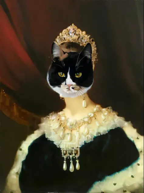 One wearing a headdress、Drawing of black and white cat wearing black dress, cat wearing pearl earring, Princess Wavina oil painting, portrait of a queen, royal portrait, Dignified aristocracy, anthropomorphic female cat, royal portrait, Cat&#39;s masterpie...