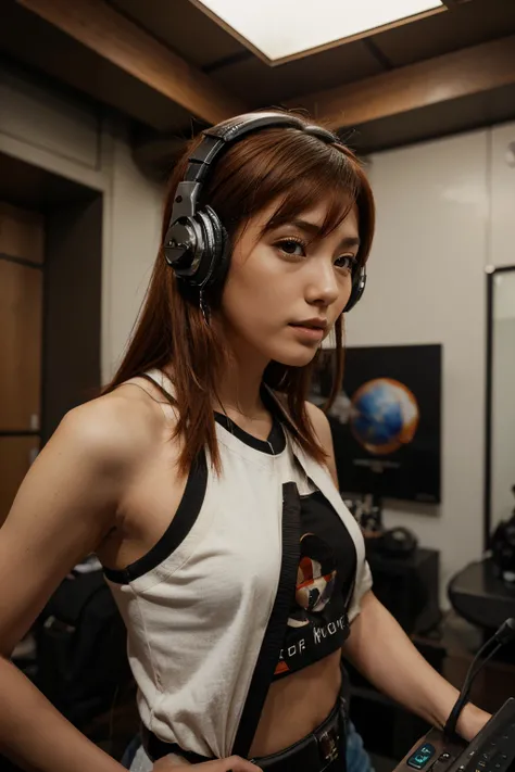 space fighter, Japanese girl, planet, wolf cut brown and red hair, headphone with microphone