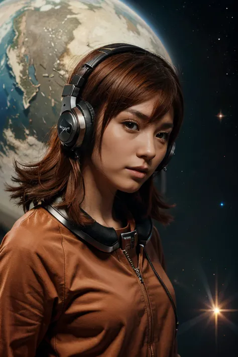 space fighter, Japanese girl, planet, wolf cut brown and red hair, headphone with microphone