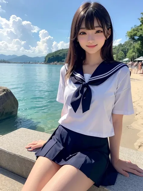 japanese beauty girl、(clear eyes:1.3)、Very Beautiful Little Girl、A cute and smiling girl&#39;s face、 16-year-old female model,(Super cute face in idol style:1.2), 8K、Pattsun bangs、A dark-haired、semi long hair、Middle hair、Straight hair、private beach、genital...