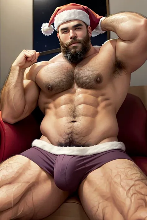 hot, full body, portrait, Santa Claus, bear, beard, beefy, cute fat tummy, hairy arm, dick bulge, hairy chest, red underwear, red hat