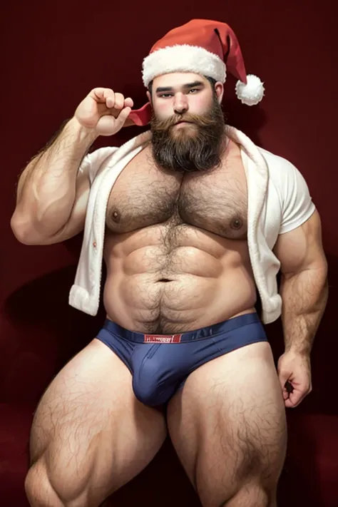 hot, full body, portrait, Santa Claus, bear, beard, beefy, cute fat tummy, hairy arm, dick bulge, hairy chest, red underwear, red hat