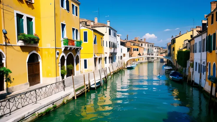 Venice City of Water，middle river，Houses on both sides，Note that the colors of the houses on both sides are different，look straight at the camera，wide angles, shot with a gopro,松下Lumix S Pro 50mm F / 1，Photoquality，very detailed photo，hyperrealistic photo，...