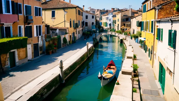 Venice City of Water，middle river，Houses on both sides，Note that the colors of the houses on both sides are different，look straight at the camera，wide angles, shot with a gopro,松下Lumix S Pro 50mm F / 1，Photoquality，very detailed photo，hyperrealistic photo，...