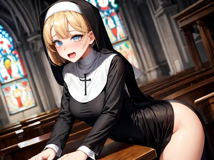 (nsfw),1 girl,ahegao,beautiful detailed eyes,curvy,nun,(black simple catholic robe),gaping anal,short hair,bob cat,blonde hair,light blue eyes,embarrassed,church desk