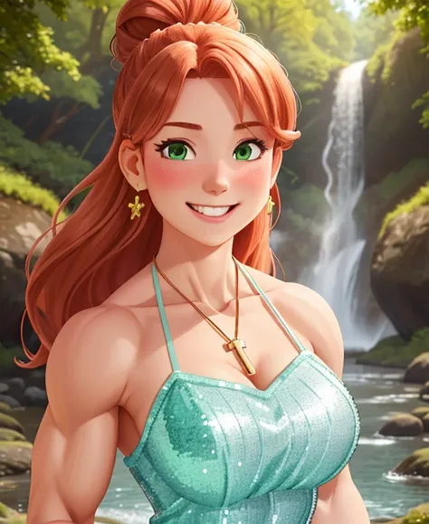 attractive welsh woman, ripped muscle, muscular body, pale skin, smile(blush), sequin sundress, cross pendant, sixpack abs, [ultra detailed skin:1.2], ginger hair, green eyes, hair bun, 8k uhd, full body, crowd, public, forest, waterfall, standing,