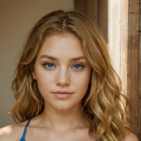 A beautiful blue-eyed woman with blond curly hair