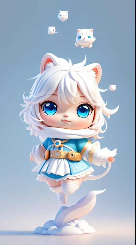 A cute little white tiger with colorful eyes............................., chibi, cute and soft, greet, laughs, glad, Blue Eyes, eye, Blue, Logo Design, cartoon, Cinematic lighting effects, charming, 3D vector art, Cute and quirky, Fantasy Art, bokeh, Hand...