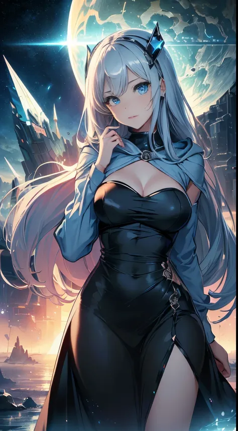 quality、image quality、masterpiece、Teenage girl((White and blue hoodie、Black dress、18 years old、 aging person、best bust、big bast,Beautiful light blue eyes, sliver long hair、A slender one,Great Valley、Reflecting the whole body、Leaning forward、Put VR goggles ...