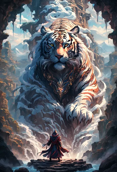 (pixel art:1.3), (solo:1.3), a mesmerizing fantasy scene where an ((anthropomorphic Tiger dark wizard)) sinister and captivating, wearing legendary robe adorned with intricate magical symbols, mystical landscape featuring majestic mountains, cascading wate...