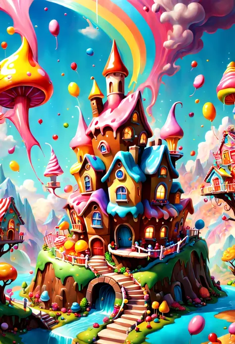 (candy theme Village:1.2), (colorful explosion psychedelic paint colors), shiny, candyland, candy Fountains, candy, honey, cookie, chocolate bar, gradients, dripping, glaze, beads, bloom, sunshine bright light, fairy, candy fairy tale, dreamy, Dreamscape, ...