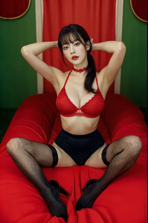 top-quality, ​masterpiece, 超A high resolution, (Photorealsitic: 1.4), ((sitting and spreading her legs))、Raw photo, Japan idle、Black Hair Ponytail, Red minuscule underwear, fishnet tights、Colossal tits、Opening Mouth、(Hands behind the head)、full body Esbian...