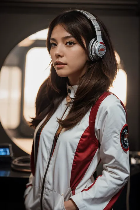 space fighter, Japanese girl, planet, wolf cut hair, headphone with microphone, half red brown hair