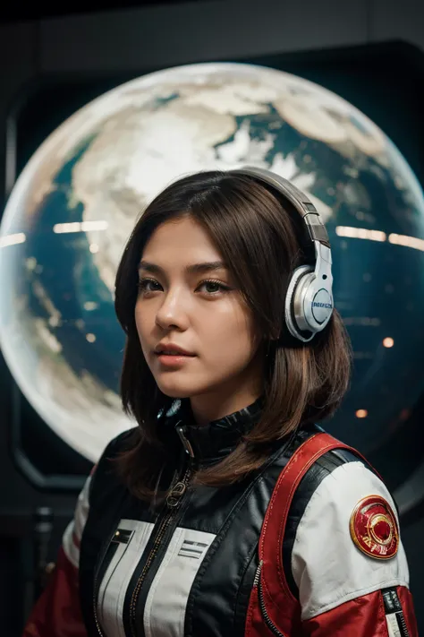 space fighter, Japanese girl, planet, wolf cut hair, headphone with microphone, half red brown hair