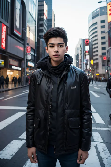 Photorealsitic, 8k full-length portraits, a handsome, Male, 17 years old, TOKYOcty, Winters, The background is Shibuya