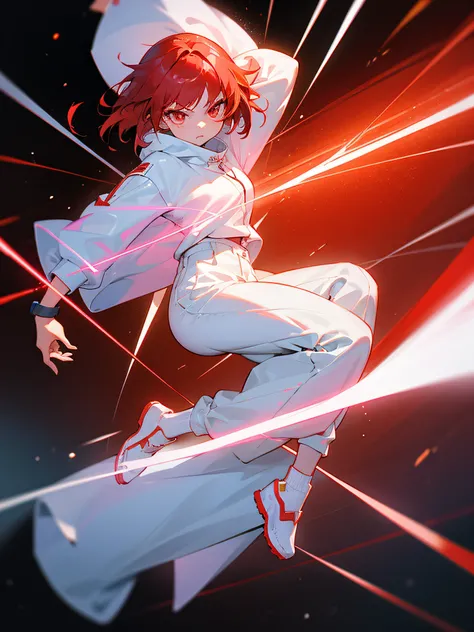 1 female、独奏、redhair、Looking at the camera、glares、full body Esbian、in a white sweatshirt、baggy white pants、Silver Shoes、Red neon tone throughout、white lasers、flying in space