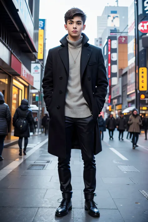 Photorealsitic, 8k full-length portraits, a handsome, Male, 17 years old, Gentle expression, TOKYOcty, Winters, The background is Shibuya