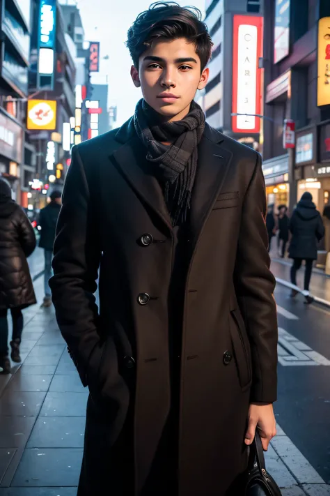 Photorealsitic, 8k full-length portraits, a handsome, Male, 17 years old, Gentle expression, TOKYOcty, Winters, The background is Shibuya